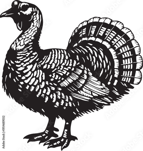Black and White Woodcut Style Turkey Bird Silhouette Isolated on White Background