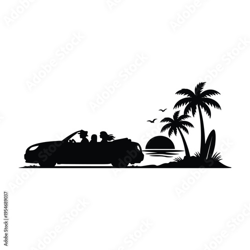 A black silhouette illustration of a family driving a convertible car on a tropical beach at sunset