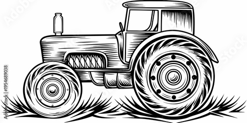 Industrial Farm Tractor Monochrome Line Art Illustration