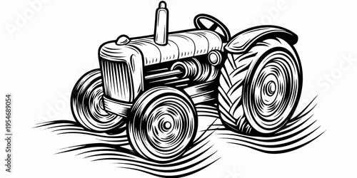 Classic Agricultural Tractor Monochrome Line Art Illustration