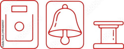 Icons representing a doorbell, bell, and stand for home security system components