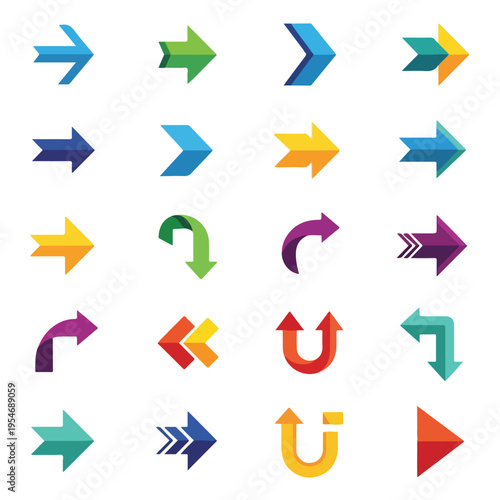 Collection of colorful directional arrows in various shapes and orientations