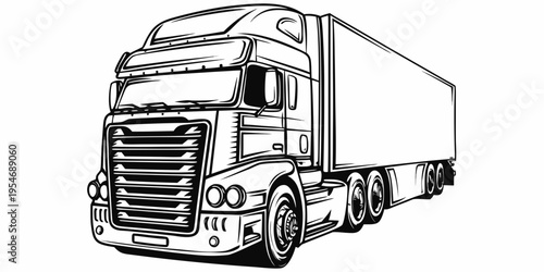 Modern Trailer Truck Logistics Monochrome Line Art Illustration