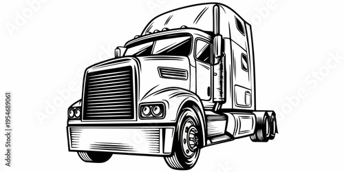 Heavy Duty Semi Truck Cab Monochrome Line Art Illustration