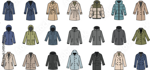 Collection of jackets and coats with different styles isolated on white background modern fashion clothing vector illustration set