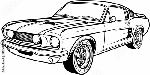 Classic American Muscle Car Monochrome Line Art Illustration