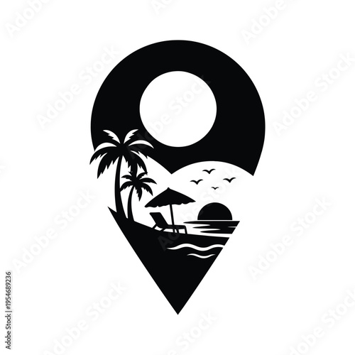 A minimalist black and white map pin icon featuring a tropical beach scene with palm trees at dusk