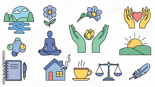 Collection of colorful, flat vector illustrations depicting peaceful themes