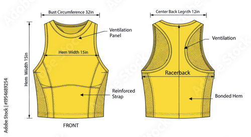 Yellow Sports Bra Technical Sketch: Front and Back Views with Measurements