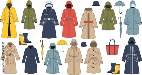 Collection of raincoats with umbrellas boots and accessories isolated on white background waterproof clothing vector illustration set
