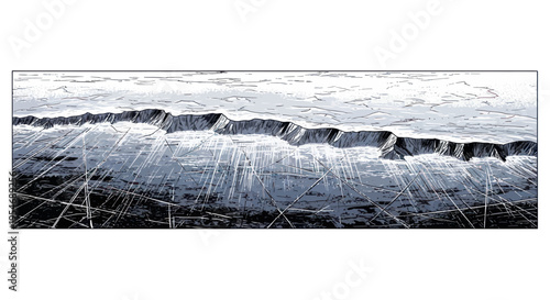 Abstract Geometric Landscape with Textured Mountain Range and Digital Lines