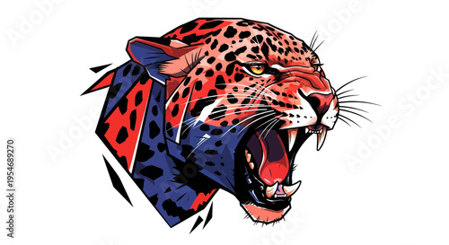 Aggressive Jaguar Head Roaring, Geometric Style, Vibrant Colors