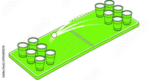 Beer Pong Game Setup with Ball in Motion, Party Fun