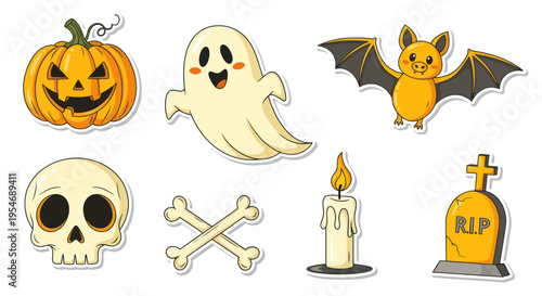 Halloween Icons: Pumpkin, Ghost, Bat, Skull, Bones, Candle, Tombstone