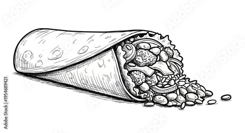 Hand-Drawn Burrito Illustration - Delicious Mexican Fast Food Sketch