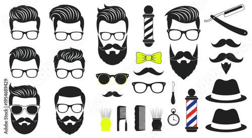 Hipster Barber Shop Icons: Beards, Mustaches, Haircuts, Glasses, Tools