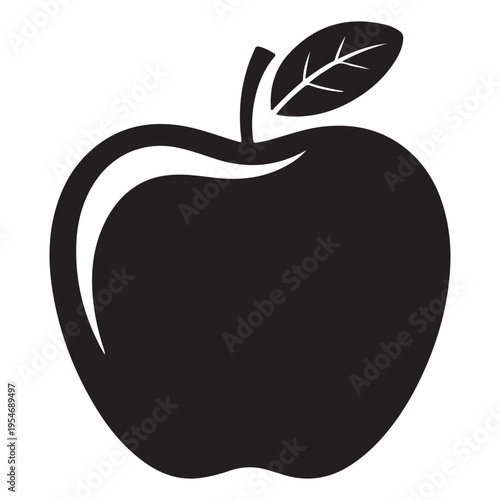 A striking black silhouette of a ripe apple with a single leaf showcasing simple form silhouette