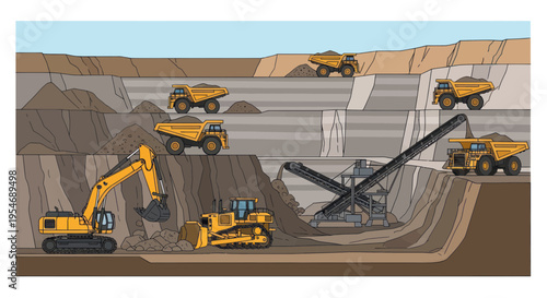 Open Pit Mining Operation: Excavators, Dump Trucks, and Conveyor Belt