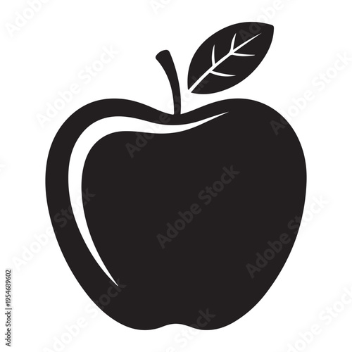 A striking black silhouette of a ripe apple with a single leaf showcasing simple form silhouette