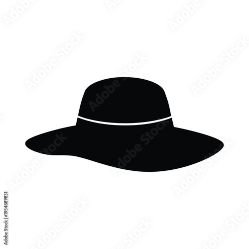 A minimalist black silhouette of a classic sun hat isolated against a simple white background
