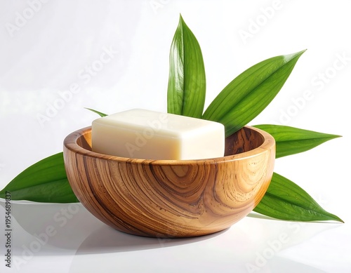 Close-up of a white rectangular bar of soap nestled in a wooden bowl, surrounded by vibrant green leaves, against a white backdrop