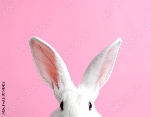 Close-up of a white rabbit's head with two long ears pointing upwards, against a bright, solid pink backdrop