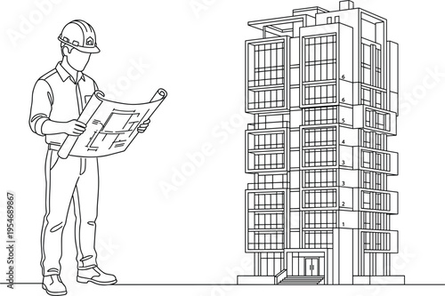 Architect reviewing building blueprints with modern apartment tower and professional office conference room interior wireframe illustration