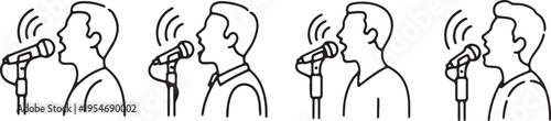 Sequence of individuals speaking into microphones with varying vocal intensities