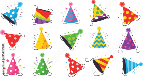 Colorful party hats collection with confetti and festive decorations isolated on white background celebration vector illustration set