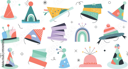Colorful party hats collection with playful patterns and festive decorations isolated on white background flat vector illustration set