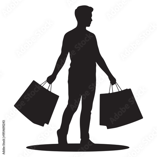 A person carrying shopping bags walks forward in a stark black and white silhouette