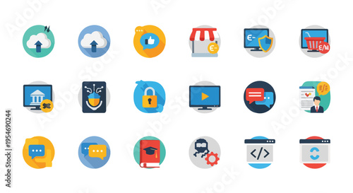Collection of flat design digital icons representing various concepts