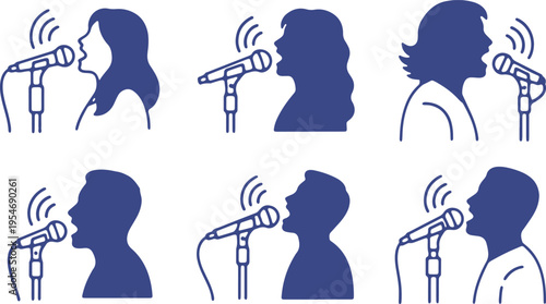 Diverse individuals using microphones to communicate or sing