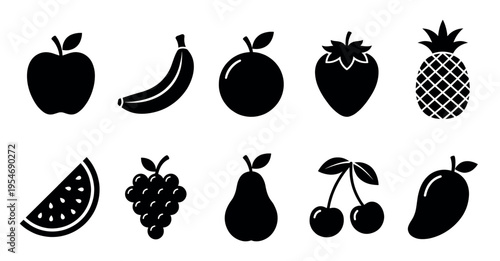 A collection of ten black silhouette icons representing various fruits including an apple, banana, plum, strawberry, pineapple, watermelon, grapes, pear, cherries, and mango on a white background.