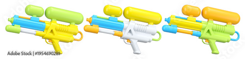 Set of plastic water gun toy for playing in swimming pool on white background