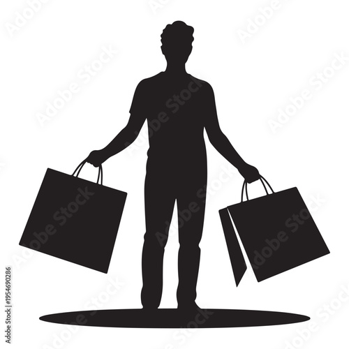 A man carrying shopping bags walks forward depicted as a striking black silhouette