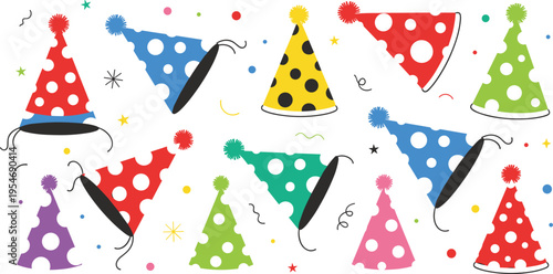 Colorful polka dot party hats collection with festive confetti isolated on white background celebration vector illustration set