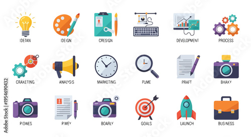 Collection of flat design illustrations showing various business-related concepts