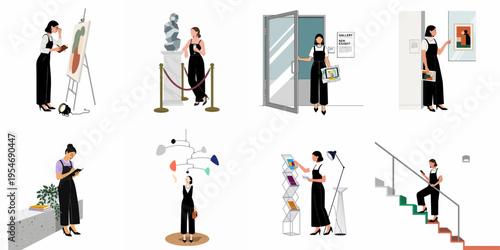 Vector Illustration Set of a Young Woman Visiting an Art Gallery, Exploring Different Exhibits, Sculptures, and Paintings in a Modern Minimalist Style.