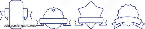 Four distinct badge designs featuring ribbons and varying emblem shapes for awards or honors