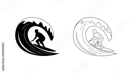 A surfer rides a wave on a modern surfboard standing upright.