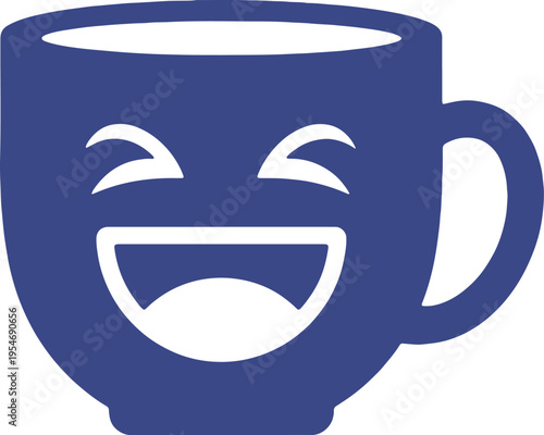 A cheerful blue mug with a smiling face and closed eyes appearing delighted