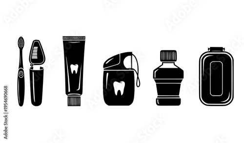 Portable dental hygiene icon set: toothbrush with travel case, compact oral care items