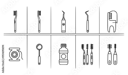 Grid-based line-art dental tool icon pack: toothbrushes, floss, dental picks, oral tools