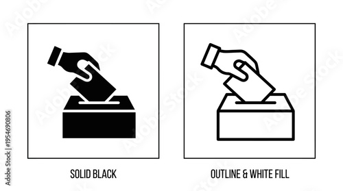 Minimalist ballot box with hand icons, solid and outline styles, symbolizing voting, elections, democracy, civic duty, participation.