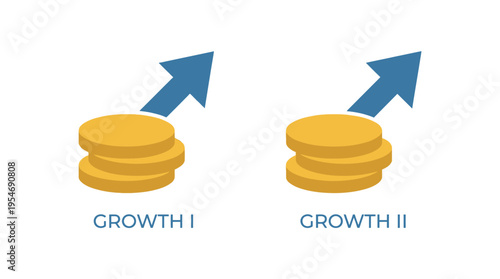 Minimalist upward arrow with stacked coins icons, solid blue styles, symbolizing growth I, growth II, financial progress, investment success.
