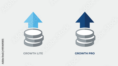 Minimalist upward arrow with coins icons, solid blue styles, symbolizing growth lite, growth pro, financial progress, business development.