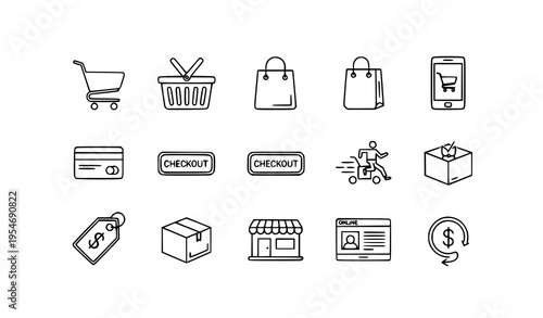 Minimalist e commerce line icon set with shopping cart basket bag mobile payment symbols for web and app design