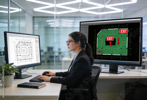 Safety specialist analyzing building evacuation maps on large desktop screens