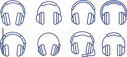 Varied styles of headphones and headsets displayed in a clean, minimalist line drawing